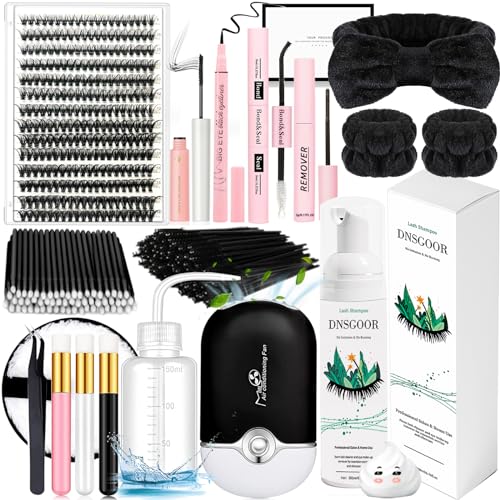 DIY Wimpern Extensions Set mit 280 PCS 9-16mm 40D Einzeln Wimpern 200ml Wimpernschaum Cleanser Wimpernshampoo USB Mini Ventilator Wimpernkleber und Sealer Wimpernkleber Remover von DNSGOOR