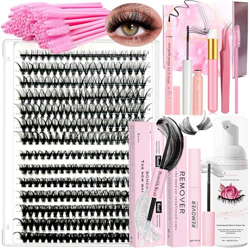 DIY Wimpernverlängerung Kit 280 PCS 9-16mm Länge 30D+40D Curl Einzelne Wimpern Cluster und Lash Bond und Seal Kleber Entferner Eyeliner Mascara WimpernShampoo Pinzette Lash Applicator Anfänger Set von DNSGOOR