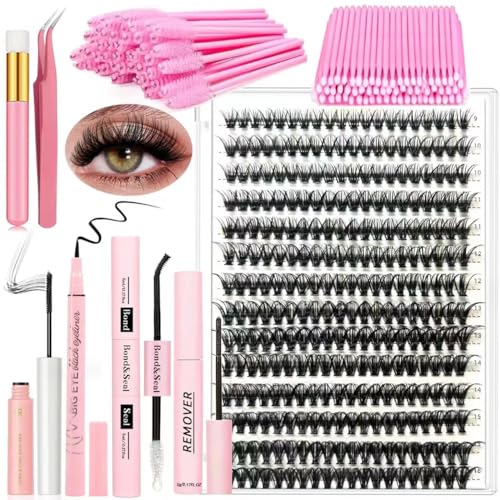 DIY Wimpernverlängerung Kit 280 PCS 9-16mm Länge 40D Curl Einzelne Wimpern Cluster und Lash Bond und Seal Kleber Entferner Eyeliner Mascara Pinzette Lash Applicator Anfänger Set von DNSGOOR