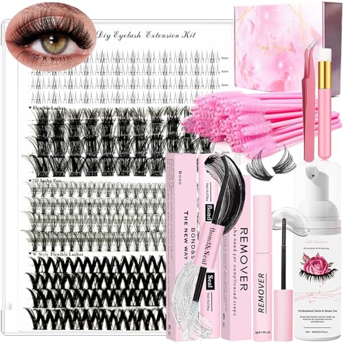 DNSGOOR DIY Wimpern Extensions Kit 212Pcs D Curl 4 Stile Individuelle,mit Untere Wimpern,Wimpernkleber und Sealer Kleber Entferner Lash Shampoo Reinigung Wimpernbürste Pinzette von DNSGOOR