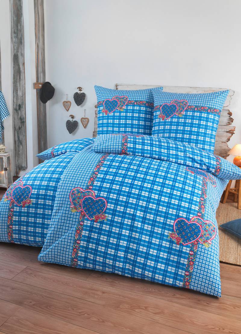 4-teiliges Bettwäsche-Set mit rustikalem Karodessin, Größe 412 (2x 80x80 cm + 2x 135x200 cm), Blau von DOBNIG