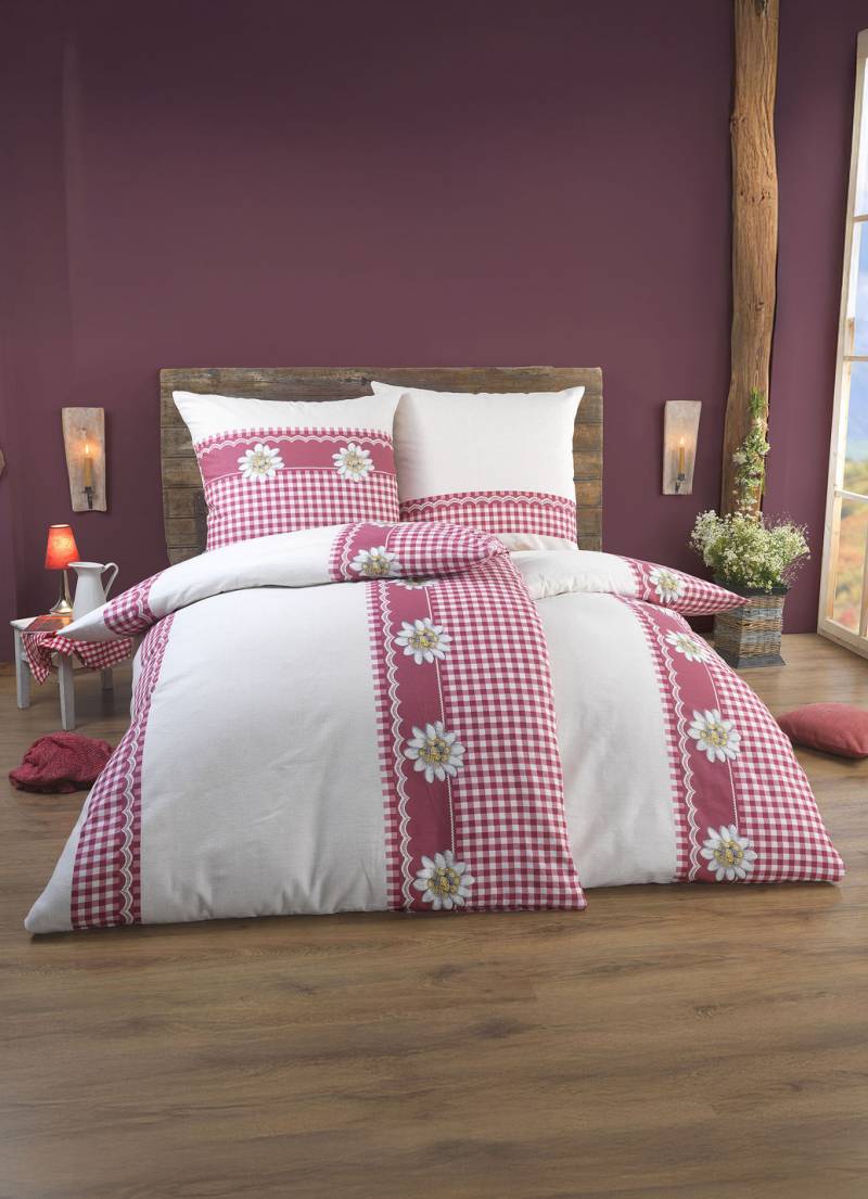 Beidseitig bedruckte Bettwäsche-Garnitur im Landhausstil, Größe 115 (80x80 + 155x220), Karminrot von DOBNIG
