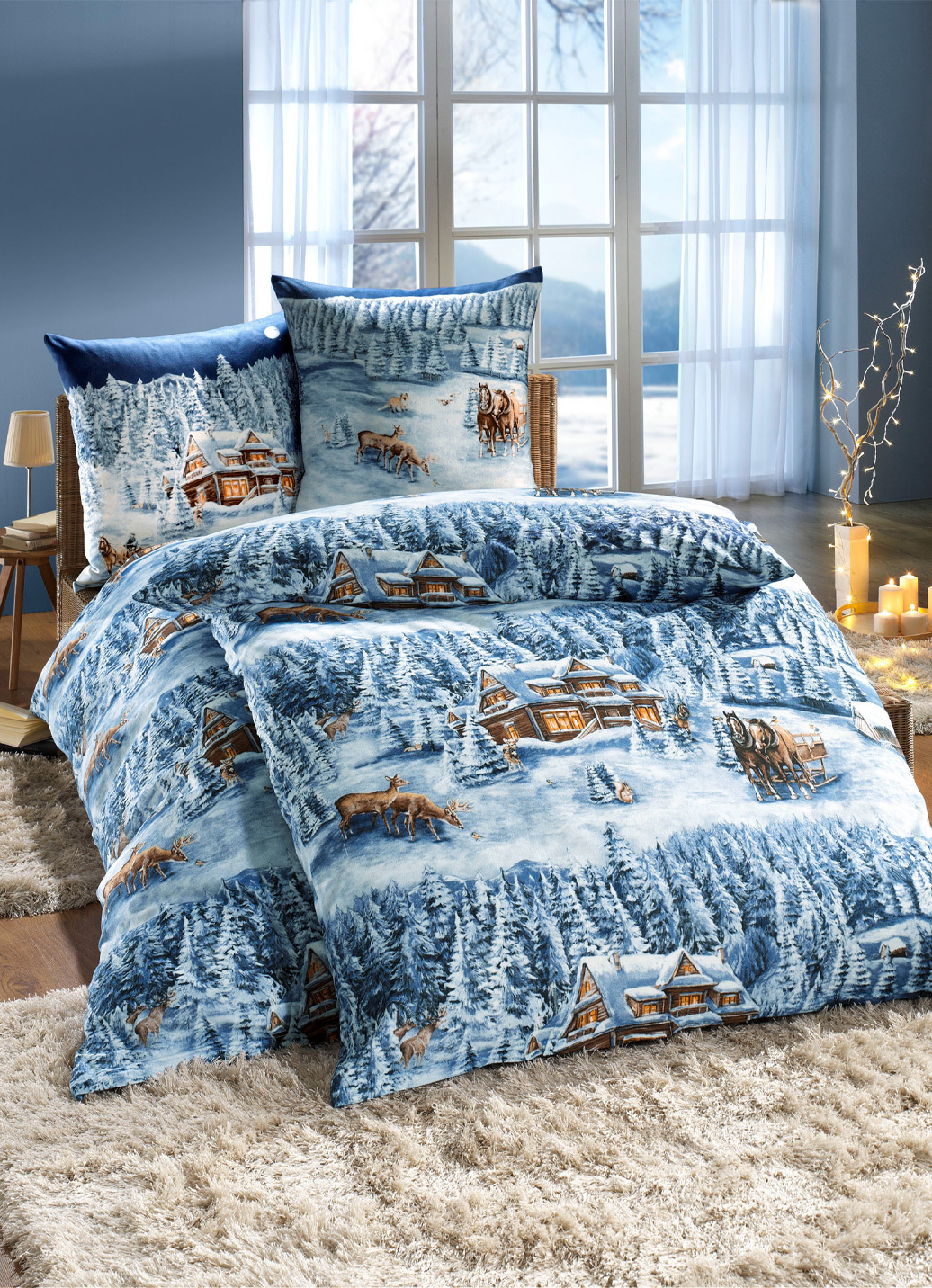 Beidseitig bedruckte Bettwäsche-Garnitur in Biber-Qualität, Größe 115 (80/80 cm + 155/220 cm), Dunkelblau von DOBNIG