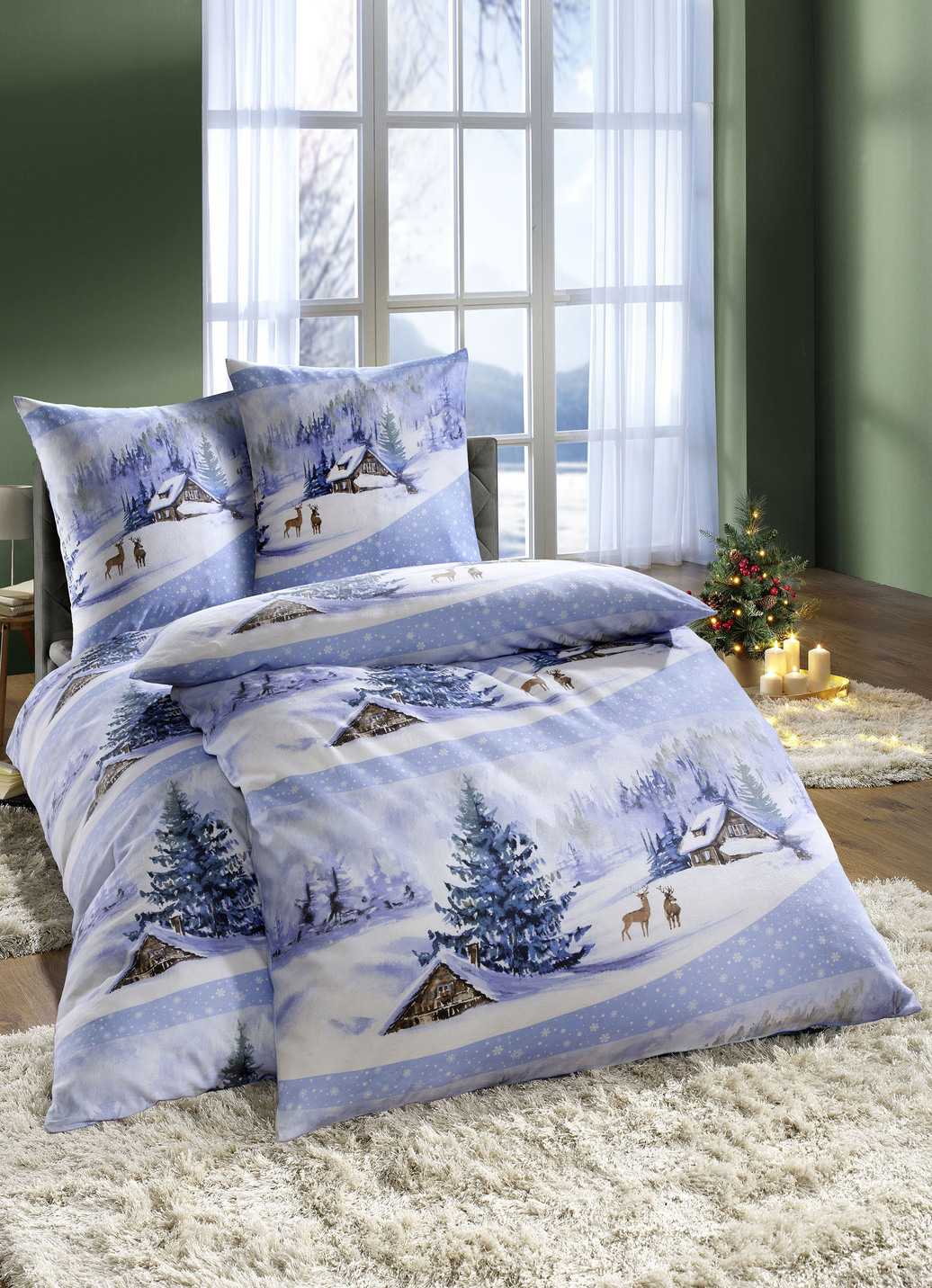 Bettwäsche-Garnitur mit Winterlandschaft, Größe 115 (80/80 cm + 155/220 cm), Himmelblau von DOBNIG