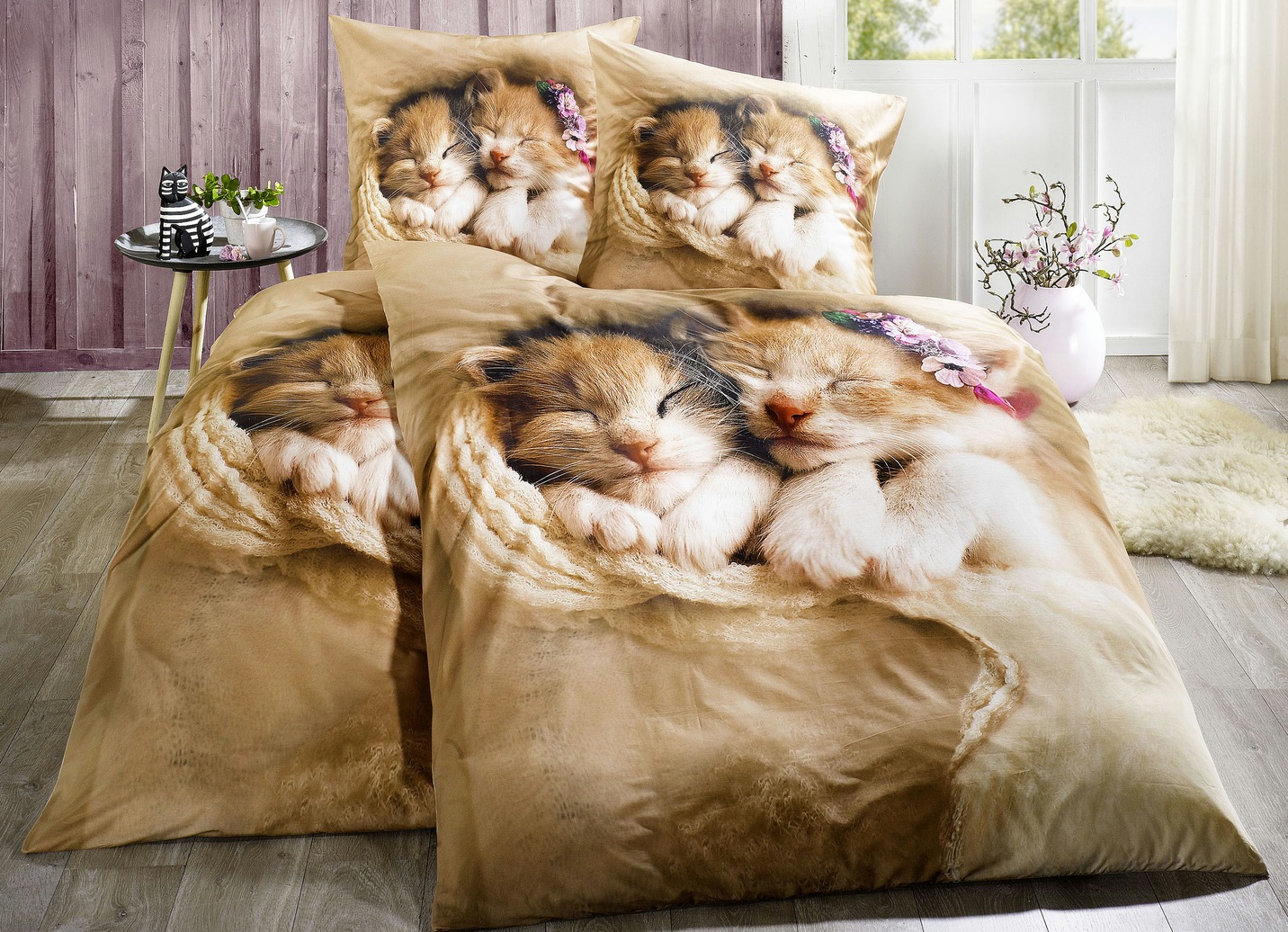 "Dobnig" Bettwäsche mit Katzenkindern, Größe 112 (80x80 cm + 135x200 cm), Nougat von DOBNIG