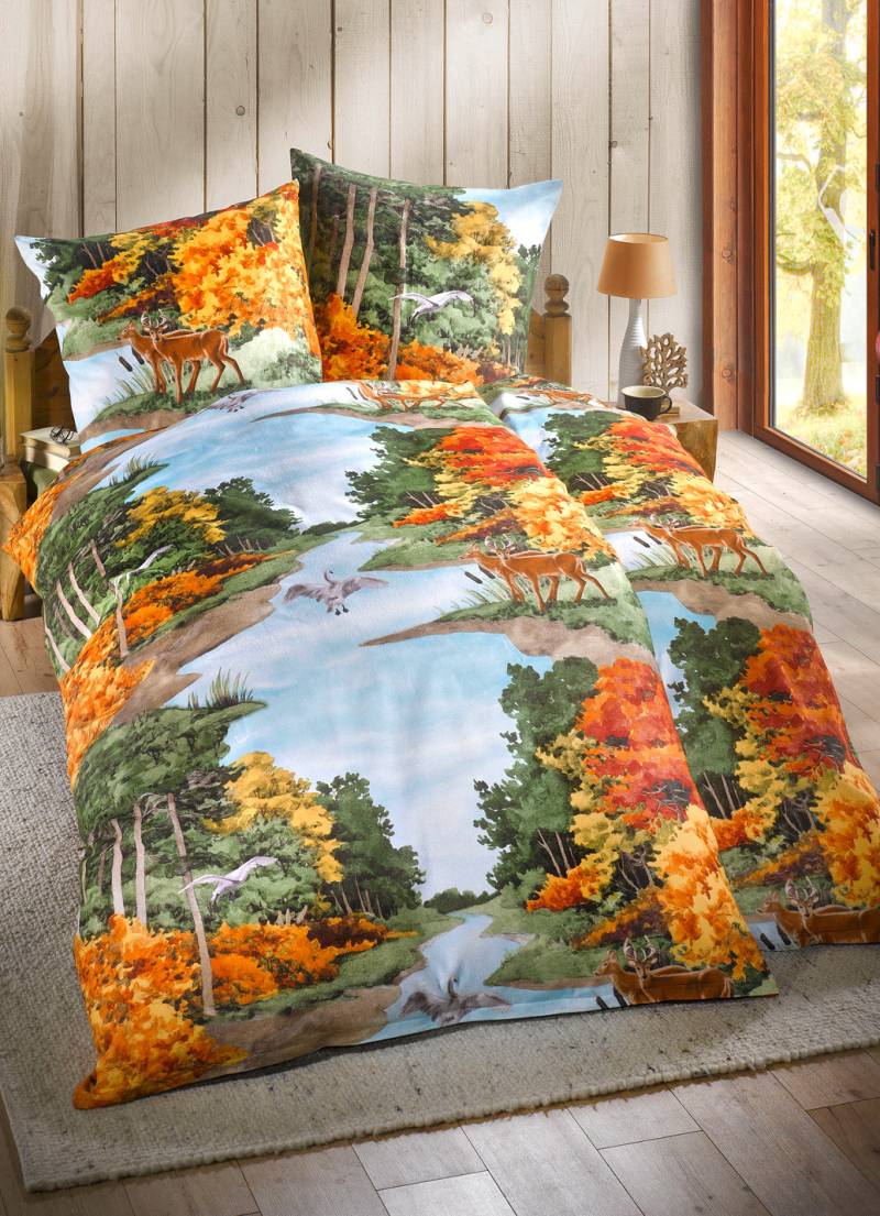 Naturnahe Bettwäsche-Garnitur in Biber-Qualität, Größe 111 (40x80 cm + 135x200 cm), Multicolor von DOBNIG