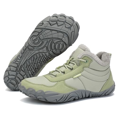 DOBOLIN Barfußschuhe Damen Winter Gefüttert Winterschuhe Barfusschuhe Warm Rutschfest Winterstiefel Wasserabweisend Outdoor Winter Boots Grüner, EU GR.37 von DOBOLIN
