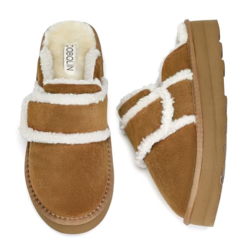 DOBOLIN Damen Hausschuhe Damen Plateau Mini Stiefel Wildleder Warm Rutschfeste Stiefel Winter Kuschelig Pelz Wollgefüttert Kurze Stiefeletten Braun EU Gr.42 von DOBOLIN