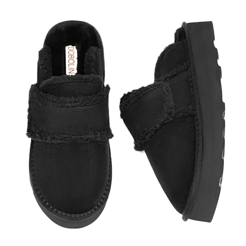 DOBOLIN Damen Hausschuhe Damen Plateau Mini Stiefel Wildleder Warm Rutschfeste Stiefel Winter Kuschelig Pelz Wollgefüttert Kurze Stiefeletten Schwarz EU Gr.39 von DOBOLIN