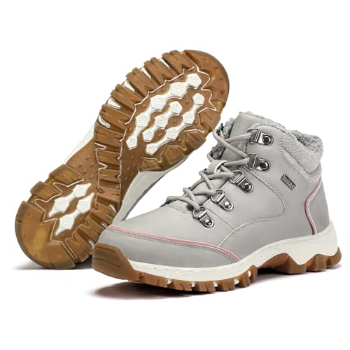 DOBOLIN Winterschuhe Damen Schnürstiefel Warm Gefüttert Schneestiefel Winter Outdoor Boots Wasserdicht Winterstiefel, Grau, 42 EU von DOBOLIN