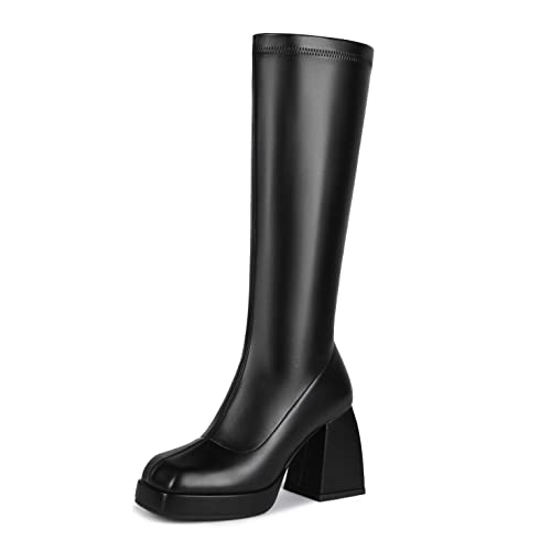 DOBOYG Kniehohe Stiefel für Damen, Plateau, klobiger Blockabsatz, dehnbar, quadratischer Zehenbereich, hohe Lackleder, lange Stiefel, A-Schwarz, 39.5 EU von DOBOYG