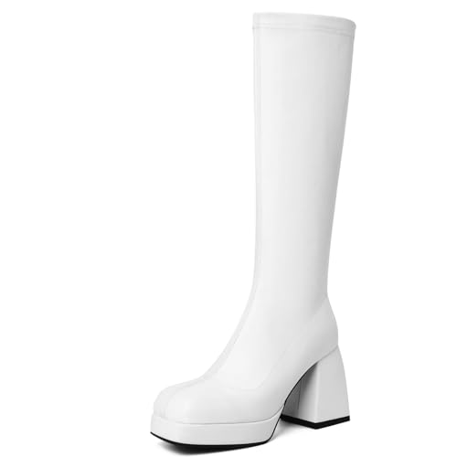 DOBOYG Kniehohe Stiefel für Damen, Plateau, klobiger Blockabsatz, dehnbar, quadratischer Zehenbereich, hohe Lackleder, lange Stiefel, A-weiß, 43 EU von DOBOYG