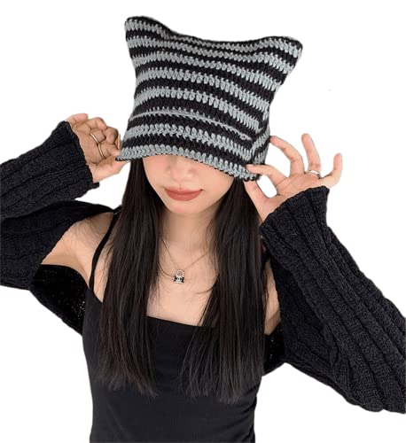 Damen Katzenohren Beanie Devil Demon Strick Streifen Slouchy Häkeln Schädel Y2k Grunge Kawaii Japanische Ästhetische Preppy Cute Hat, grau, Medium von DOBRE