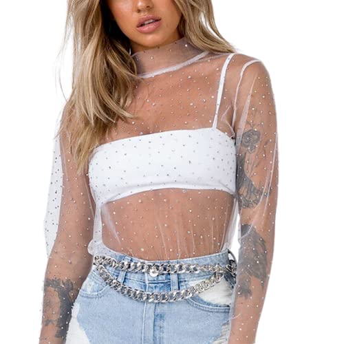 Damen Perle Durchsichtig Langarm Mesh Bluse Rollkragen Durchsichtig Sommer Cover Up Strass Crop Top, Weiß, Groß von DOBRE