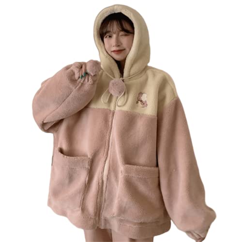 Damen Sherpa Fleece Reißverschluss Jacke Preppy Hooded Pullover Kaninchen Bunny Pom Drawstring Japanese Kawaii Cute Aesthetic Coat, Pink, Klein von DOBRE