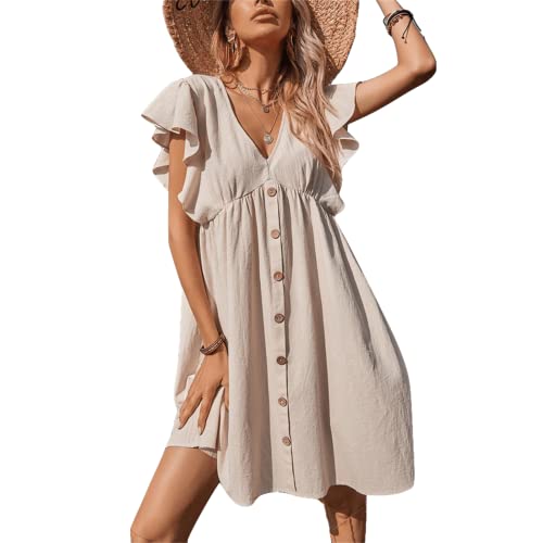 Damen Sommerkleid Zeltkleid Spaghettiträger vorne Knopfleiste Rüschen Flügelärmel hohe Taille einteilig Strand Cover Up, khaki, Groß von DOBRE