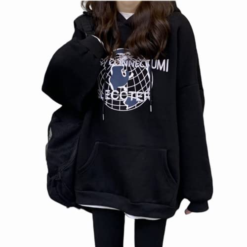 Frauen Preppy Fleece Hoodie Korean Ästhetischer Erddruck Fee Academia Japanischer Alt Emo Pullover Sweatshirt Kapuzenpullover, schwarz, M von DOBRE