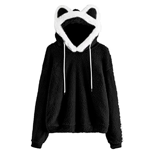Kawaii Hoodie Katze Bär Ohr Kapuzenpullover Plüsch Sweatshirt Fleece Flauschig Niedlich Japanisch Pullover Herbst Winter Lounge Pullover Cosplay, schwarz, Small von DOBRE
