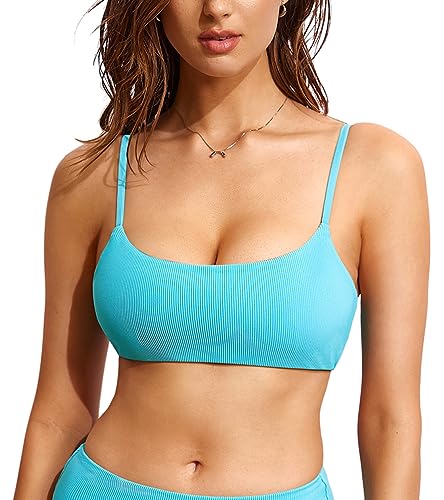 DOBRAVA Damen Bikini Oberteil Badeanzug U-Ausschnitt Sexy String Ribbed Gepolsterte Crop Top Tango Türkis 42 von DOBREVA
