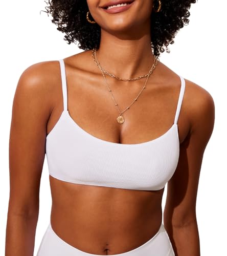 DOBRAVA Damen Bikini Oberteil Badeanzug U-Ausschnitt Sexy String Ribbed Gepolsterte Crop Top Tango Weiss 40 von DOBREVA