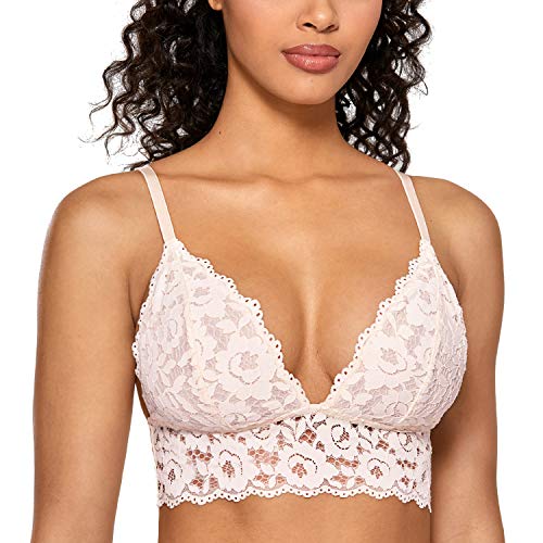 DOBREVA BH Damen Ohne Bügel Spitze Abnehmbare Gepolstert Tiefer Ausschnitt Lace Bra Rose White XL von DOBREVA