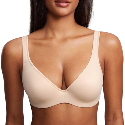 DOBREVA BH Damen mit Bügel Leicht Gepolstert T Shirt BHS Comfy Unterstützung Tiefer Ausschnitt Beige 85F von DOBREVA