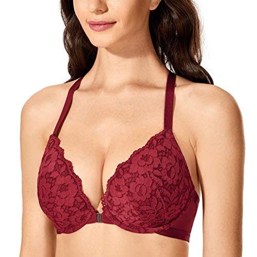 DOBREVA Damen Vorderverschluss BH mit Bügel Push Up Spitzen Neckholder BHS Racerback Tiefer Ausschnitt Gepolsterter Cerise 70AA von DOBREVA