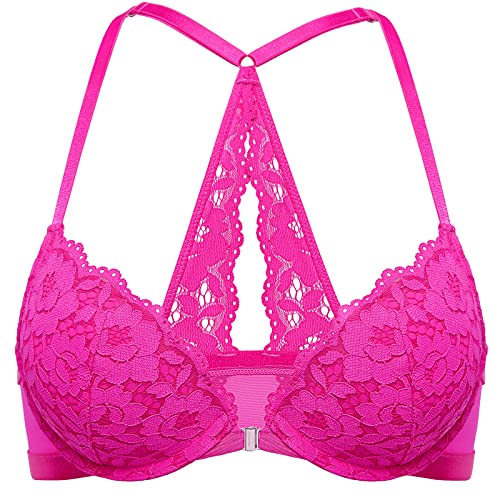 DOBREVA Damen Vorderverschluss BH mit Bügel Push Up Spitzen Neckholder BHS Racerback Tiefer Ausschnitt Gepolsterter Glitzer-Rosa 70B von DOBREVA