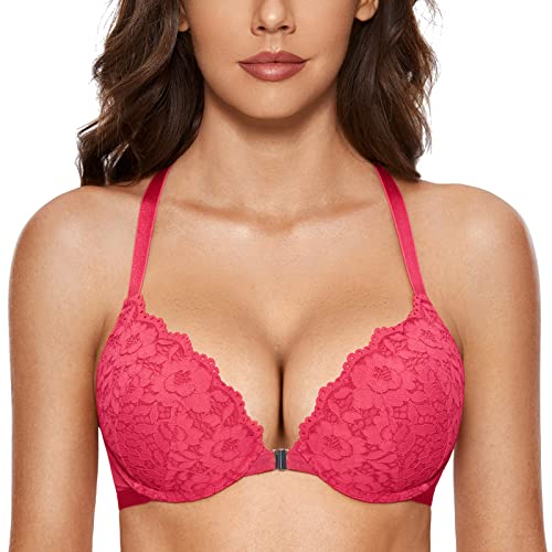 DOBREVA Damen Vorderverschluss BH mit Bügel Push Up Spitzen Neckholder BHS Racerback Tiefer Ausschnitt Gepolsterter Helle Rose 75A von DOBREVA