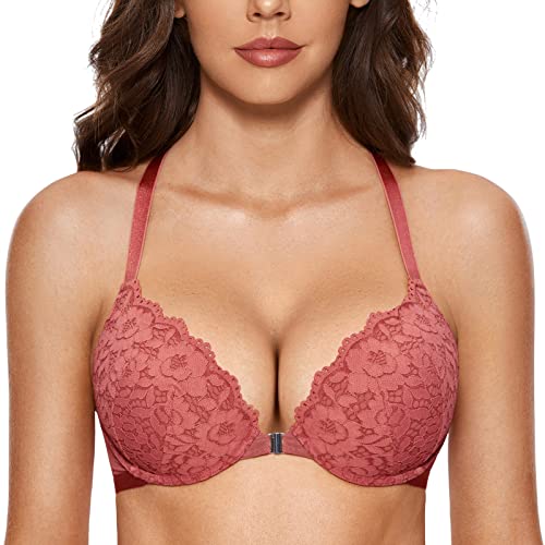 DOBREVA Damen Vorderverschluss BH mit Bügel Push Up Spitzen Neckholder BHS Racerback Tiefer Ausschnitt Gepolsterter Holzapfel 90C von DOBREVA
