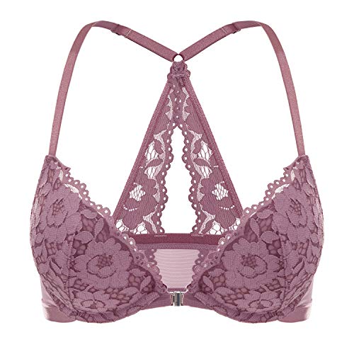 DOBREVA Damen Vorderverschluss BH mit Bügel Push Up Spitzen Neckholder BHS Racerback Tiefer Ausschnitt Gepolsterter Orchideenrose 70B von DOBREVA