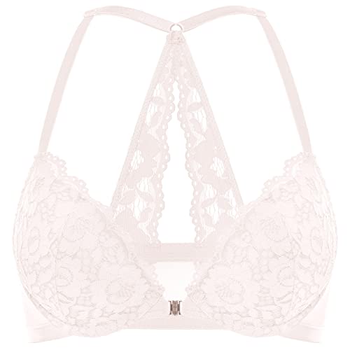 DOBREVA Damen Vorderverschluss BH mit Bügel Push Up Spitzen Neckholder BHS Racerback Tiefer Ausschnitt Gepolsterter Rose White 90E von DOBREVA