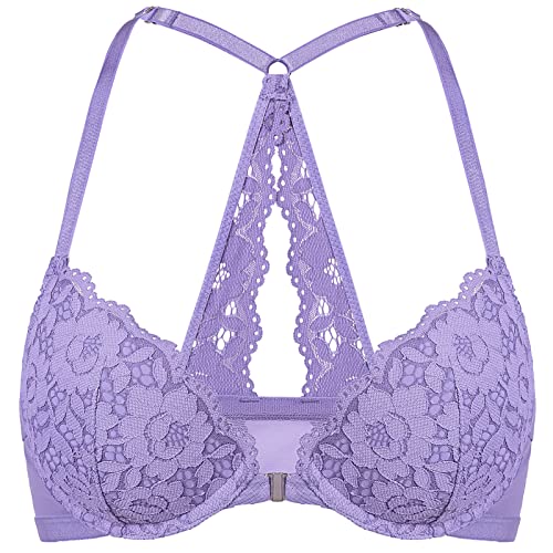 DOBREVA Damen Vorderverschluss BH mit Bügel Push Up Spitzen Neckholder BHS Racerback Tiefer Ausschnitt Gepolsterter Seerose Lila 80C von DOBREVA