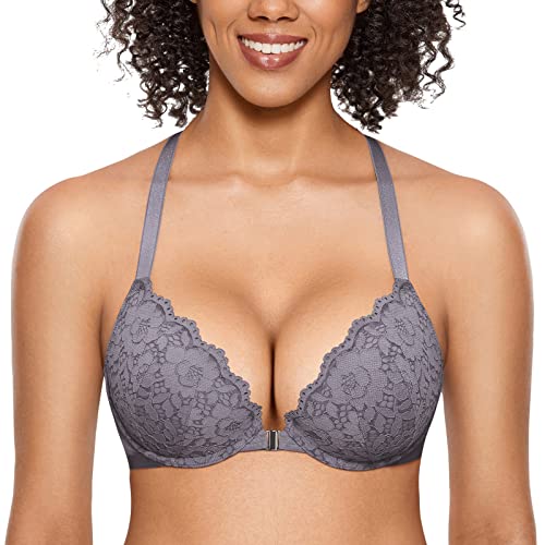 DOBREVA Damen Vorderverschluss BH mit Bügel Push Up Spitzen Neckholder BHS Racerback Tiefer Ausschnitt Gepolsterter graues Eisen 70A von DOBREVA