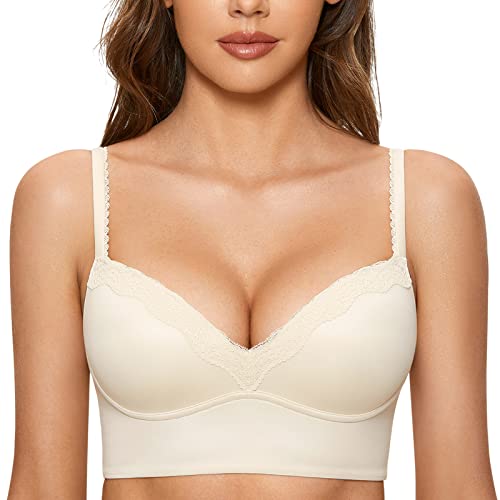 DOBREVA Damen Push Up BH ohne Bügel Soft Gepolstert Bügelloser Bustier mit Spitze Pergament 80A von DOBREVA