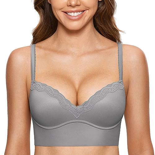 DOBREVA Damen Push Up BH ohne Bügel Soft Gepolstert Bügelloser Bustier mit Spitze Quantengrau 75C von DOBREVA