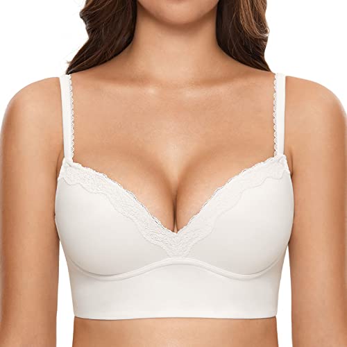 DOBREVA Damen Push Up BH ohne Bügel Soft Gepolstert Bügelloser Bustier mit Spitze Weiss 70D von DOBREVA