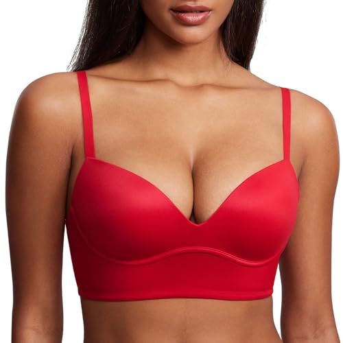 DOBREVA BH Damen ohne Bügel Push Up T Shirt BHS Gepolstert Bustier Soft Nahtloser Lippenstift Rot 70D von DOBREVA