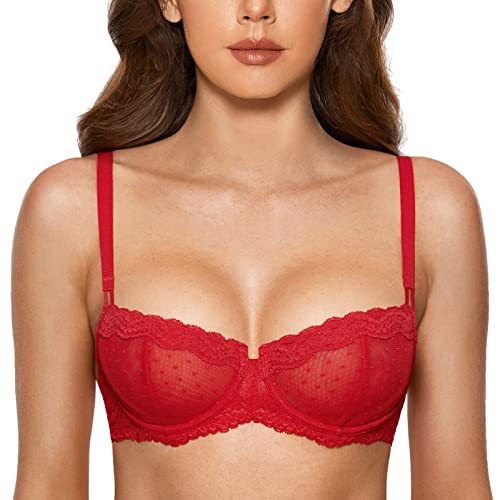 DOBREVA Balconette BH Damen mit Bügel Push Up Dirndl Spitze BHS Sexy Grosse Grössen Ungefüttert Lippenstift Rot 80B von DOBREVA