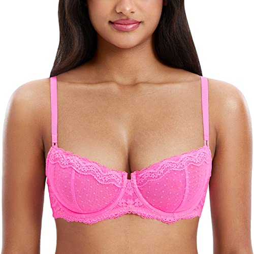 DOBREVA Balconette BH Damen mit Bügel Push Up Dirndl Spitze BHS Sexy Grosse Grössen Ungefüttert Neon-Rosa 75F von DOBREVA