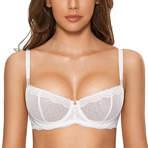 DOBREVA Balconette BH Damen mit Bügel Push Up Dirndl Spitze BHS Sexy Grosse Grössen Ungefüttert Weiss 70G von DOBREVA