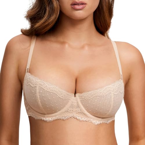 DOBREVA Balconette BH Damen mit Bügel Push Up Dirndl Spitze BHS Sexy Grosse Grössen Ungefüttert Beige 85F von DOBREVA