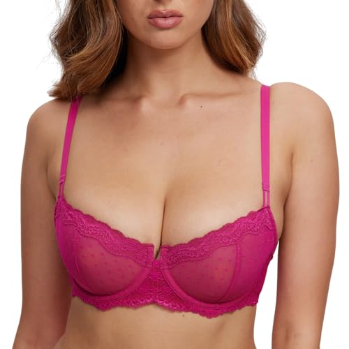 DOBREVA Balconette BH Damen mit Bügel Push Up Dirndl Spitze BHS Sexy Grosse Grössen Ungefüttert Granita Pink 80C von DOBREVA