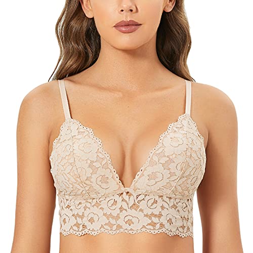 DOBREVA BH Damen Ohne Bügel Spitze Abnehmbare Gepolstert Tiefer Ausschnitt Lace Bra Beige S von DOBREVA