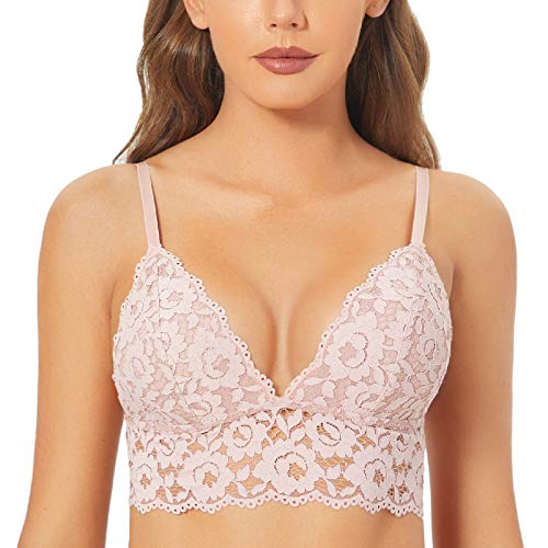 DOBREVA BH Damen Ohne Bügel Spitze Abnehmbare Gepolstert Tiefer Ausschnitt Lace Bra Nacktes Rosa S von DOBREVA