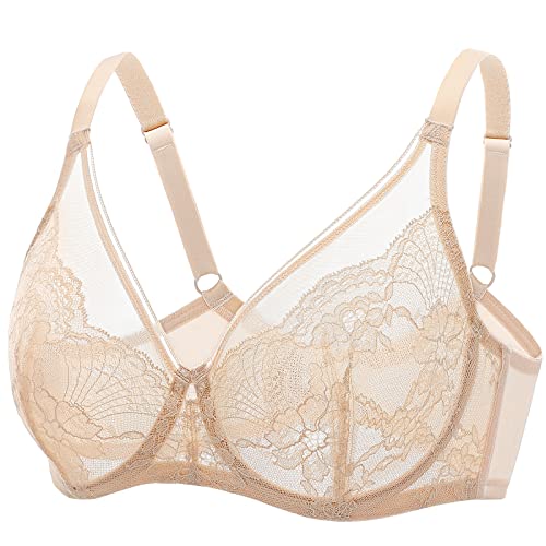 DOBREVA Damen BH Mit Spitze Durchsichtig Minimizer Bügel Vollschalen Ohne Polster Weiches Cup Beige 80B von DOBREVA