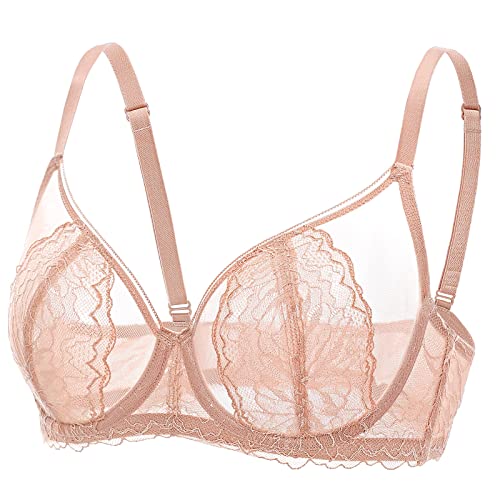 DOBREVA Damen BH Mit Spitze Durchsichtig Ohne Polster Große Größen Minimizer Bügel Vollschalen BHS Sahnekaffee 85B von DOBREVA
