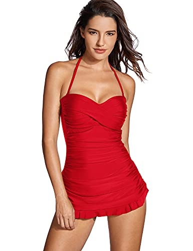 DOBREVA Damen Badeanzug Bauchweg Figurformend Einteiliger Bandeau Badekleid Der Mond Pflaumenrot 80F von DOBREVA