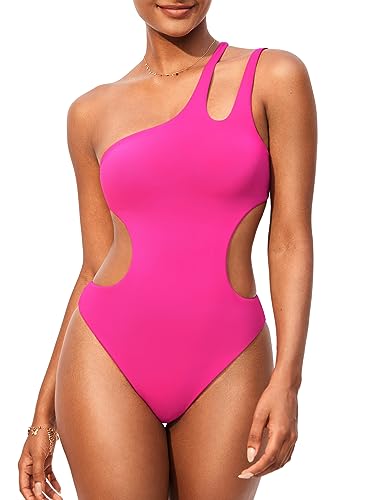 DOBREVA Damen Badeanzug Einteiler Sexy One Shoulder Cutout Gepolsterte Bauchweg Bademode Monokini Hibiskus-Purpur 38 von DOBREVA