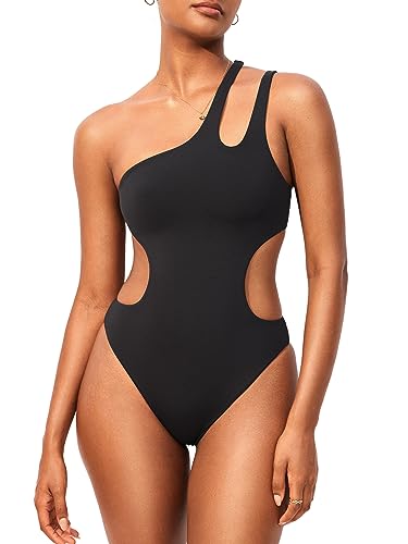 DOBREVA Damen Badeanzug Einteiler Sexy One Shoulder Cutout Gepolsterte Bauchweg Bademode Monokini Schwarz 40 von DOBREVA